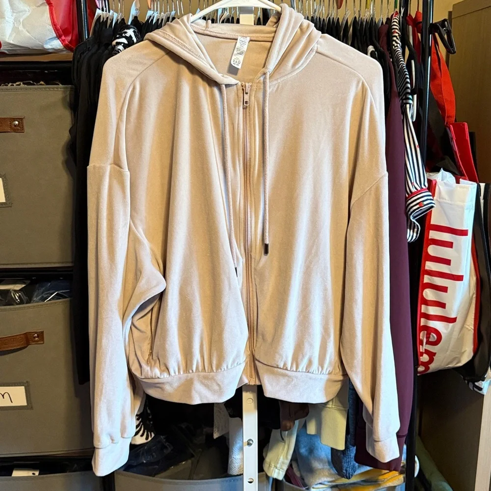 Alo Yoga Velour Glimmer Full Zip Hoodie Sz Medium Dusty Pink Jacket Pastel Pale